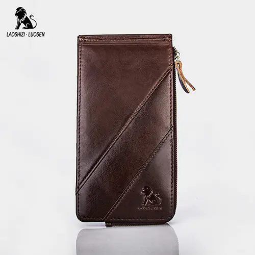 LAOSHIZI LUOSEN Luxury Man Wallets Men's Business Style Genuine Leather Card Holder Billfold Purse Long Wallet New Phone Pocket - Цвет: Coffee