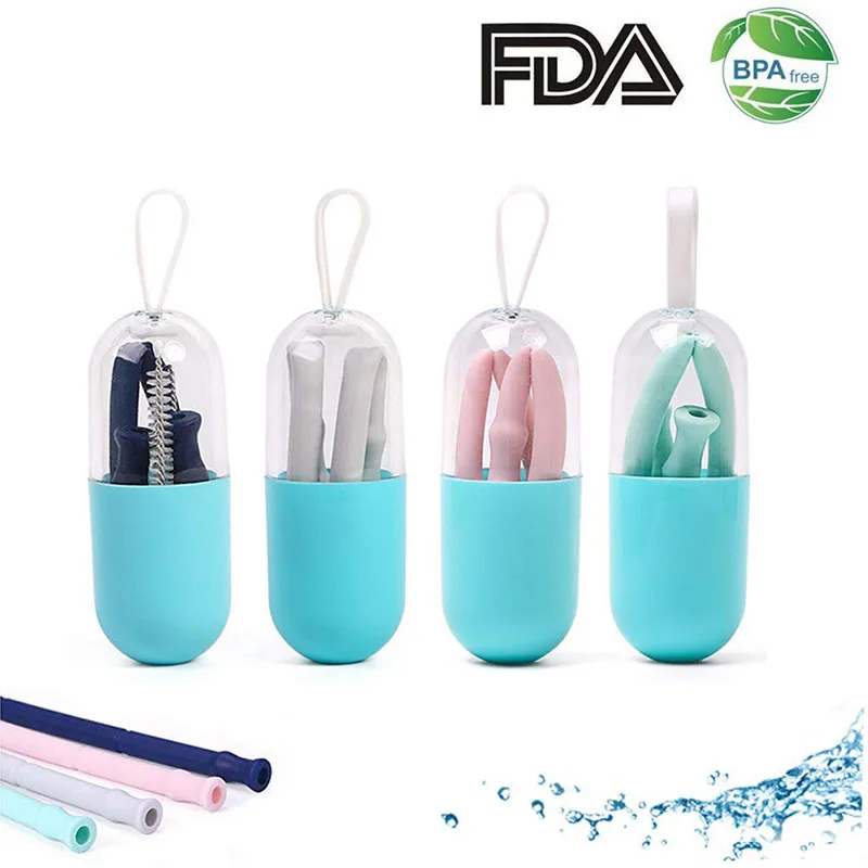 

Collapsible Silicone Straw Reusable Folding Drinking Straw with Carrying Case and Cleaning Brush for Travel, Home, Office Drinks