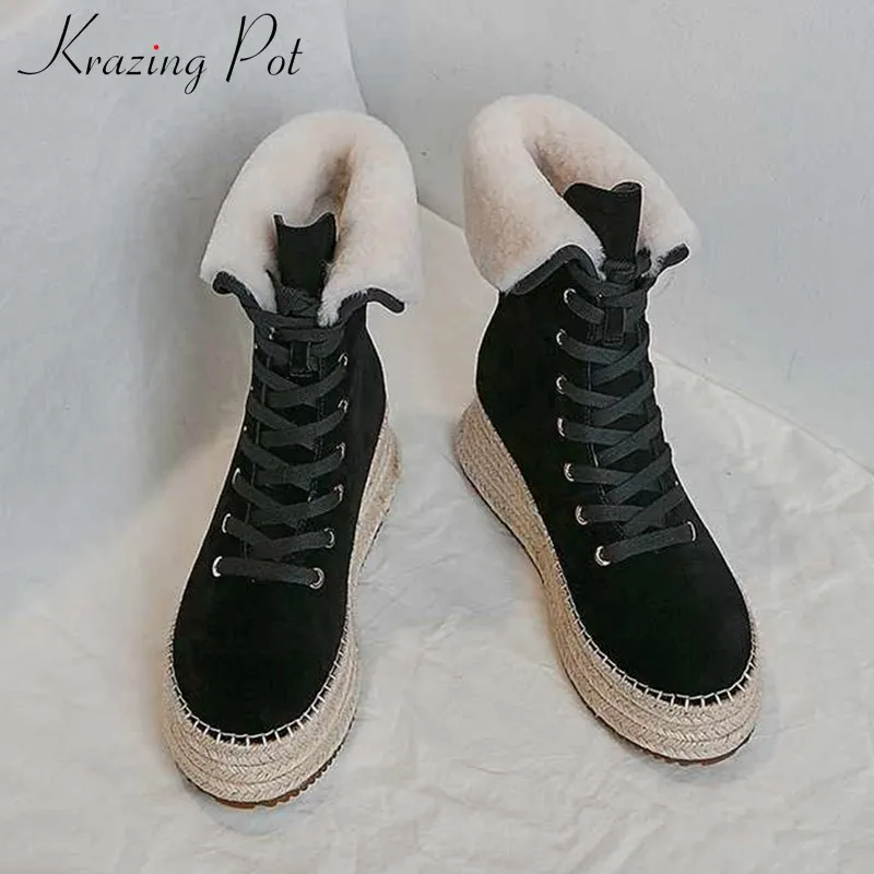 

krazing pot super warm lambswool cow leather boots round toe high heels thick bottom campus lace up winter mid-calf boots L58