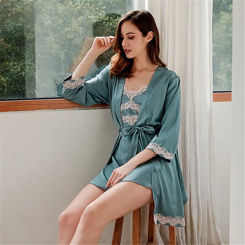 Red Sleepwear ice silk sling female Korean lace sling sexy nightware suit home service new arrival party Nightgown long robe
