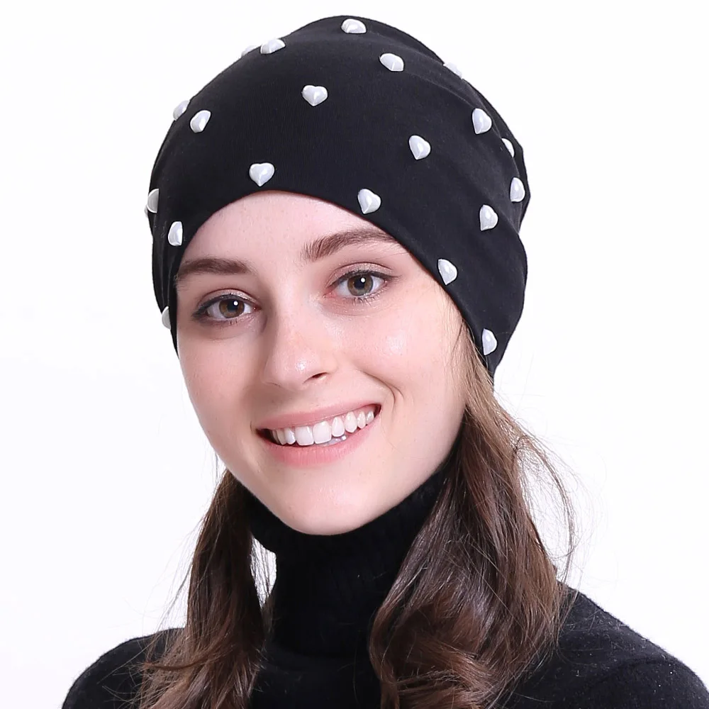 

Geebro New Women Heart Pearl Slouchy Soft Skullies Beanies Hats Female Autumn New Fashion Solid Color Caps Balaclava Bonnet