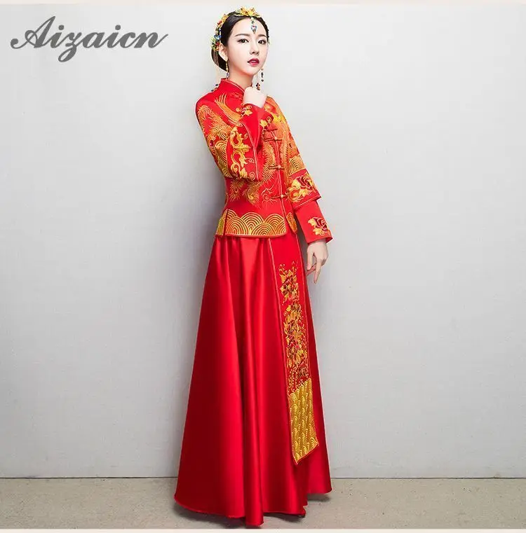 Новый китайский Cheongsam красный Qipao невесты свадебное платье для женщин феникс вышивка традиционный вечернее Женская мода узор