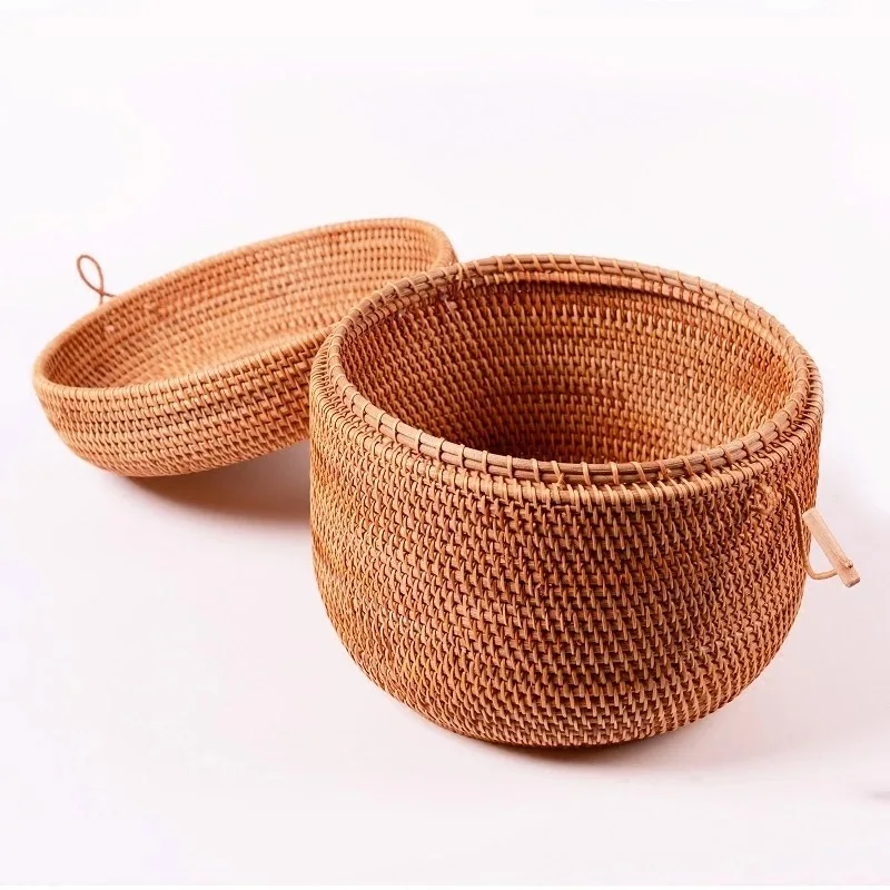 Rattan storage box with lid round shape handmade jewelry boxes organizer Vietnam Rattan weaving bin for puerh tea food best gift