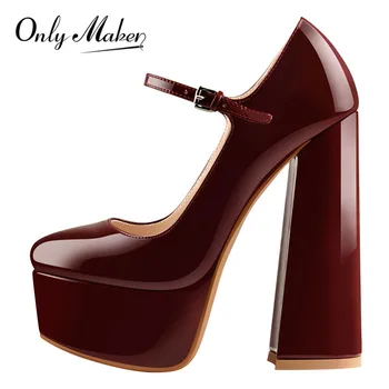 

Onlymaker Womens Mary-Jane Platform Chunky Pumps 15~16CM High Heels Ankle Strap Dress Hoof Black And Nude Heels