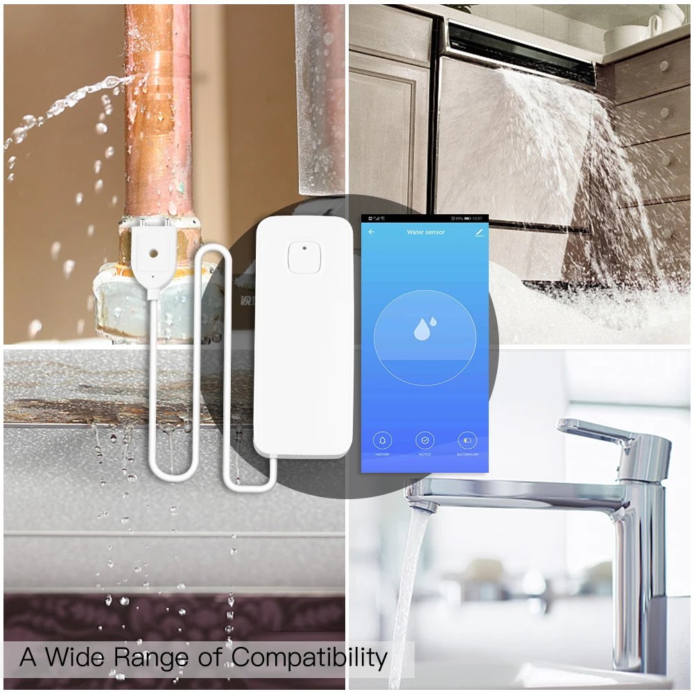 WiFi Smart Flood Sensor Water Leakage Detector Flood Overflow Alert Security Alarm System Tuya/Smart Life App Remote Control