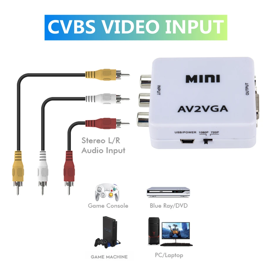 Convertitore Video PzzPss 1080P Mini convertitore Video da RCA AV a VGA con Audio da 3.5mm AV2VGA / CVBS + Audio a PC HDTV