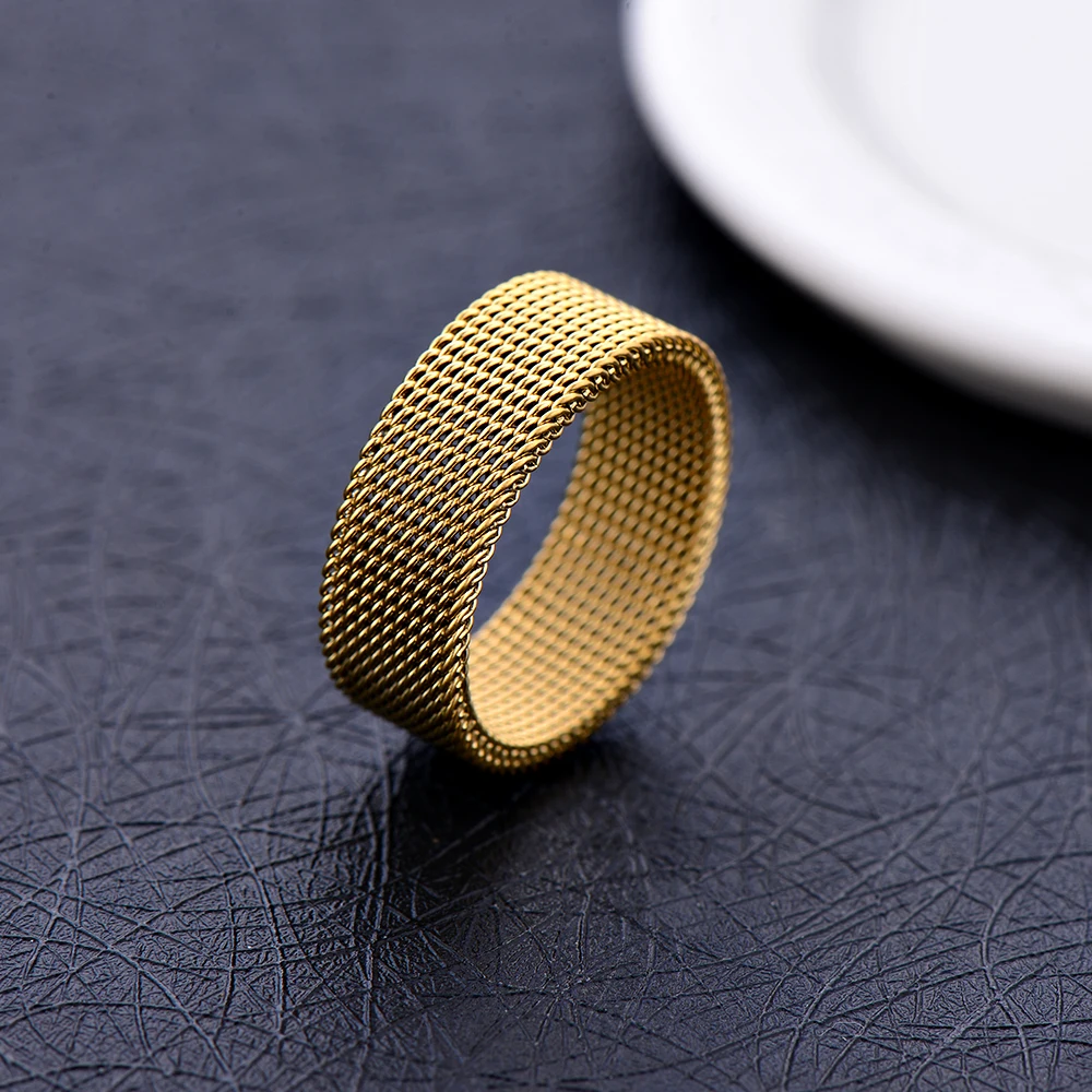 Stainless Steel Ring Finger Ring Gold Color Ring 8MM Mesh for Men and Women Size 7-10#