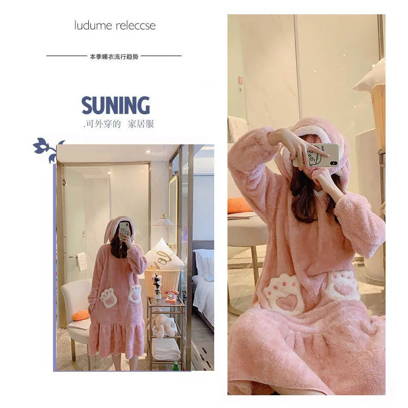 Women Nightgown Cute Animal Cartoon Nightdress Warm Winter Thickening Hooded Home Wear Clothes Velvet Sleep Lounge Night Dress