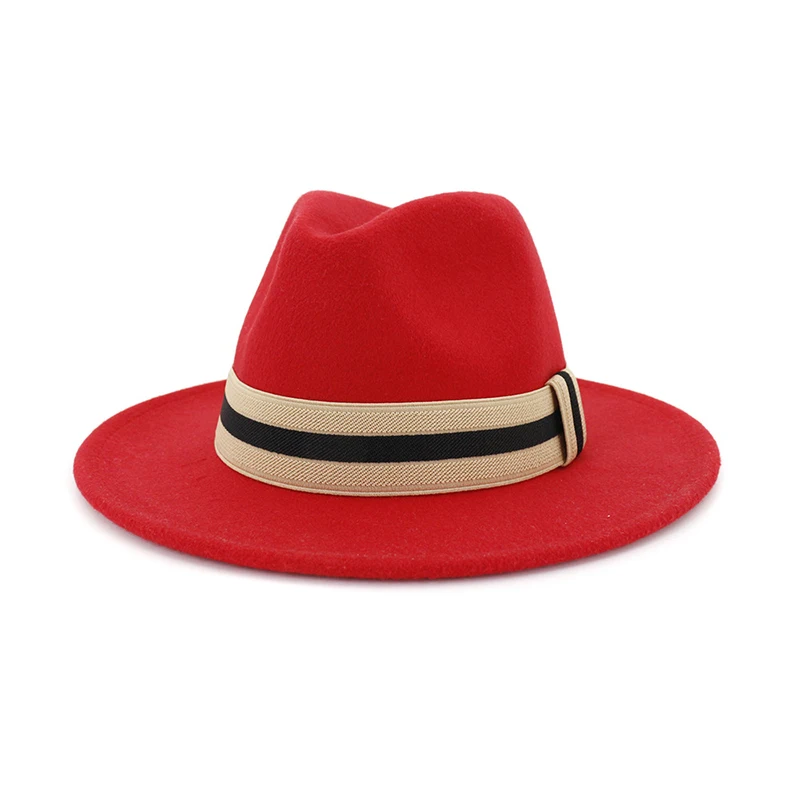 red fedora FS для женщин и мужчин желтый розовый шерстяной джазовый шляпа красный зимний теплый котелок Fedora шапки для дам простые с широкими полями Trilby Chapeau с лентой - Цвет: red fedora