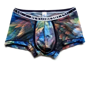 

Men's Transparent Underpants Colorful Fashion Feather Print Panties Silky and Breathable Male Flat Angle Underwear