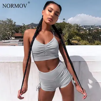 

NORMOV Summer Two Piece Set Women Sexy Camisole Shorts Sports Suit Female Solid Color Wortout Fitness Set