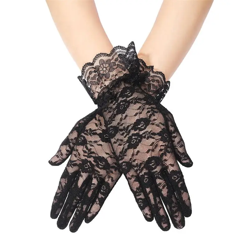 Черные свадебные перчатки, перчатки для вождения, короткие черные кружевные перчатки для женщин, свадебные аксессуары для невесты