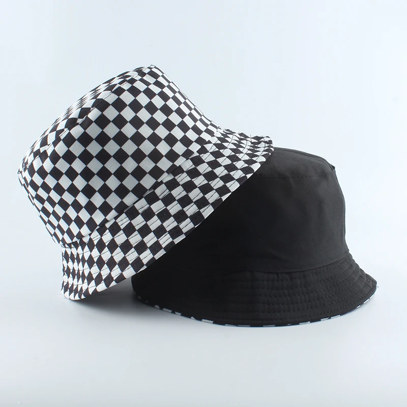 2020 New Brand Black White Plaid Check Bucket Hats Fishing Caps Women Mens Reversible Fisherman Hat