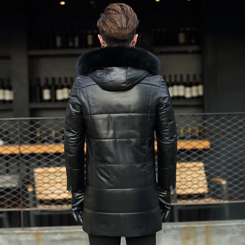Мужская длинная куртка на утином пуху из натуральной овечьей кожи с меховым