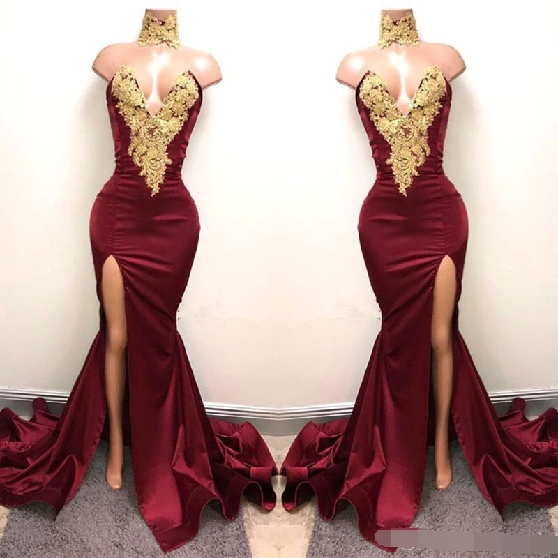 

New Sexy Burgundy Prom Dresses with Gold Lace Appliqued Mermaid Front Split for 2019 Long robe de soiree Evening Wear Gown