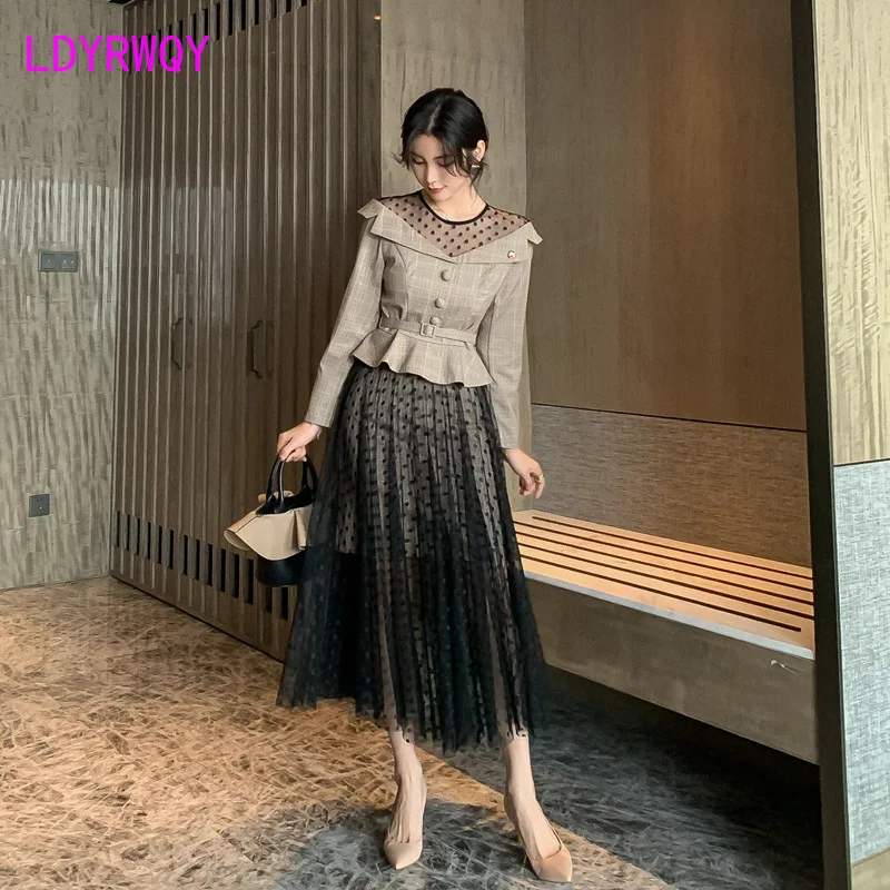 

2019 autumn temperament ladies fashion retro wave dot mesh stitching square check small suit