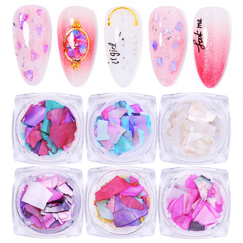 

6 Box/Set 3D Natural Colorful Pearl Light Nail Seashell Slices Irregular Mixed Size Particle Crushed Shell Nail Glitter Decor