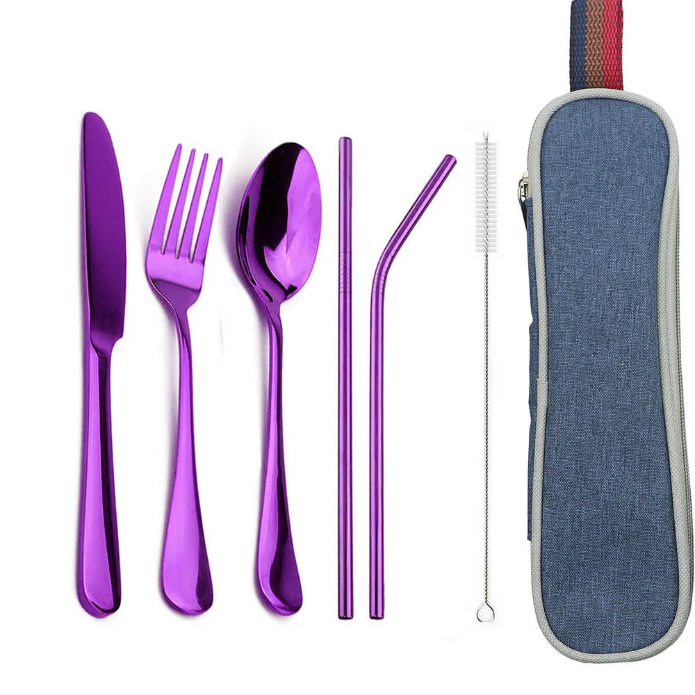 7pcs Purple 7/8 шт. набор столовых приборов Ножи, столовая ложка, вилка, набор посуды 304 Нержавеющая сталь посуда набор Зеркало Набор столовых приборов с коробкой для путешествий - Цвет: 7pcs Purple