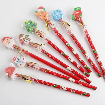 

New Arrival Cute 5pcs/lot Kawaii Christmas HB Wood Pencil With Detachable Eraser Kids Gift Pens School Stationery