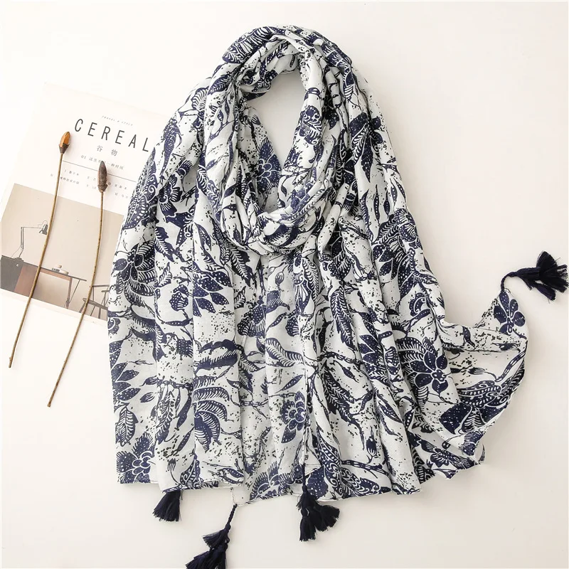 Экзотический шелковый шарф в национальном стиле ретро сине-белый фарфор