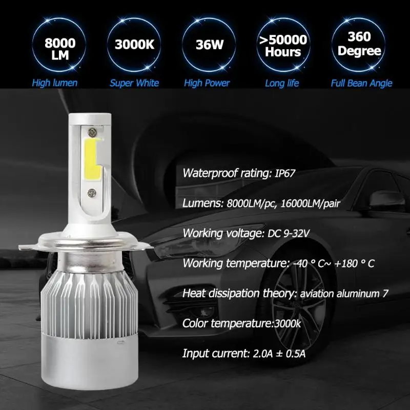 2 шт. светодиодный фонарь для автомобиля H4 36W 3000K COB Автомобильные фары Противотуманные фары Прямая