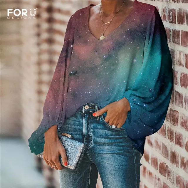 FORUDESIGNS/Женские блузки с космическим принтом, блузка с длинным рукавом, свободная туника, рубашки с v-образным вырезом, женская шифоновая блузка, сексуальные топы - Цвет: HMM1110B2