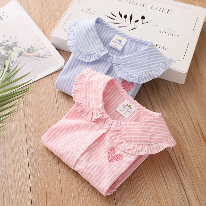 Spring Autumn 2 3 4 5 6 8 10 Years Children Long Trumpet Sleeve Striped Doll Collar Cotton Kids Baby Blouse Shirt For Girls
