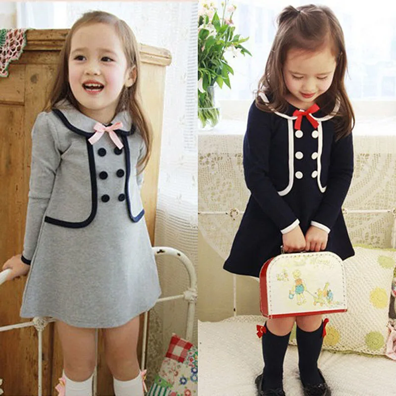 Baby Girls Clothing Long-Sleeved Fake 2 Piece Dress Fashion With Bowknot Kids Dresses High Quality Children Sell | Детская одежда и