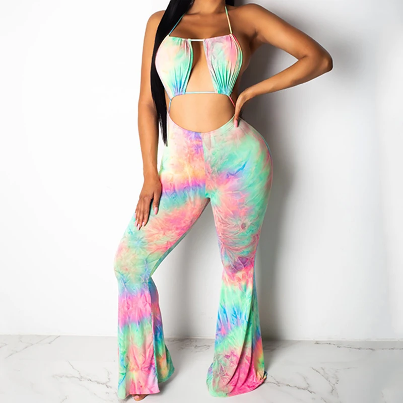 

Colorful Rainbow Print Flare Pants Jumpsuits Women Sexy Streetwear Party Club Backless Romper Holiday Beach Lace Up Pink Overall