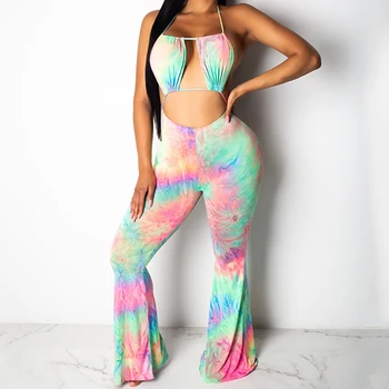 

Colorful Rainbow Print Flare Pants Jumpsuits Women Sexy Streetwear Party Club Backless Romper Holiday Beach Lace Up Pink Overall