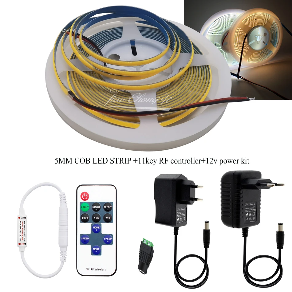 

DC12V 5mm Super Thin COB Strip 384LEDs/m Soft Flexible LED Light Bar with 11key RF controller and 12v led pwoer kit
