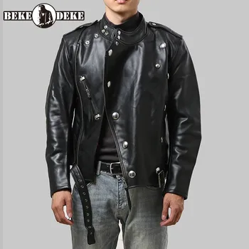 

Brand 100% Real Leather Men Jacket Retro Double Breasted Stand Collar Zipper Biker Cowhide Coat Street Slim Casual Outerwear