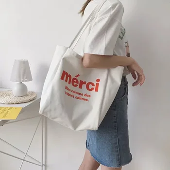 

2020 Chic Summer New MERCI Letter Print Shoulder Canvas Bags Large Capacity Wild Messenger Bag Cute Fun Handbag