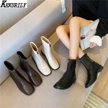 

Casual Zipper Ankle Boots Women Patchwork Chunky Heels Shoes Autumn Winter Square Toe Short Boots Designer Zapatos De Mujer