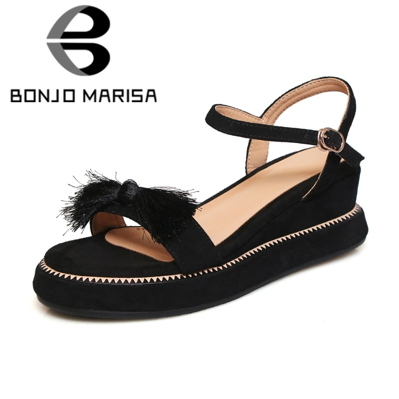 

BONJOMARISA Big Size 33-42 Fashion Lady Genuine Leather Sandals Butterfly Knot Summer Sandals Women Wedge Platform Woman Shoes