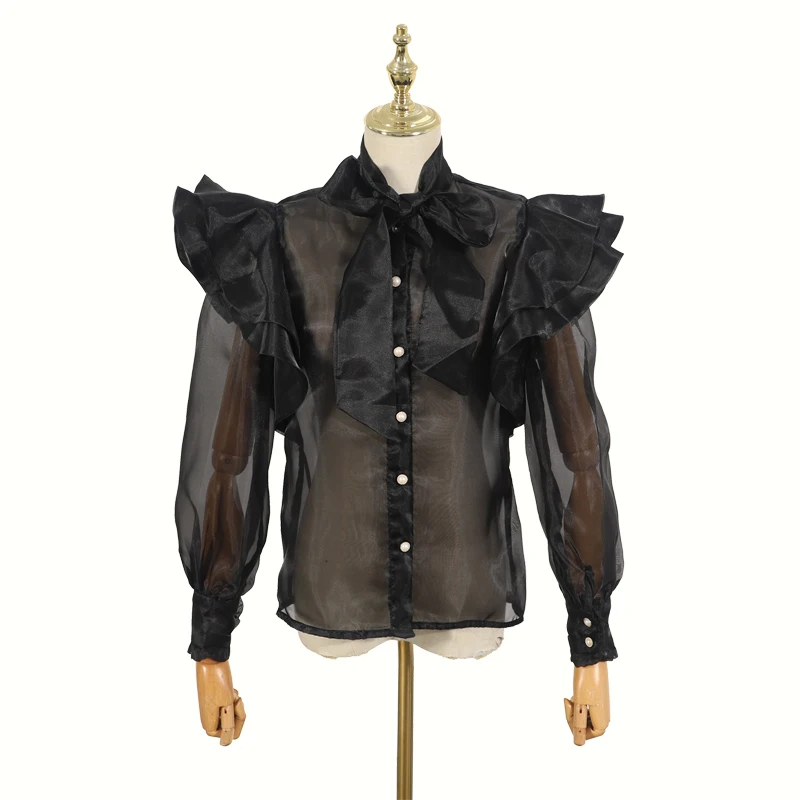 [LIVIVIO] Кружевная блуза с воротником-бабочкой и рюшами, длинный рукав, однобортная прозрачная блузка, женская желтая рубашка, топ, женская уличная одежда, новинка