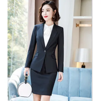 

Woman skirt Suit with Pockets Elegant Stripe Slim Fit Blazer+Skirt 2 Pieces Formal Career Skirt Suits Office Clothes