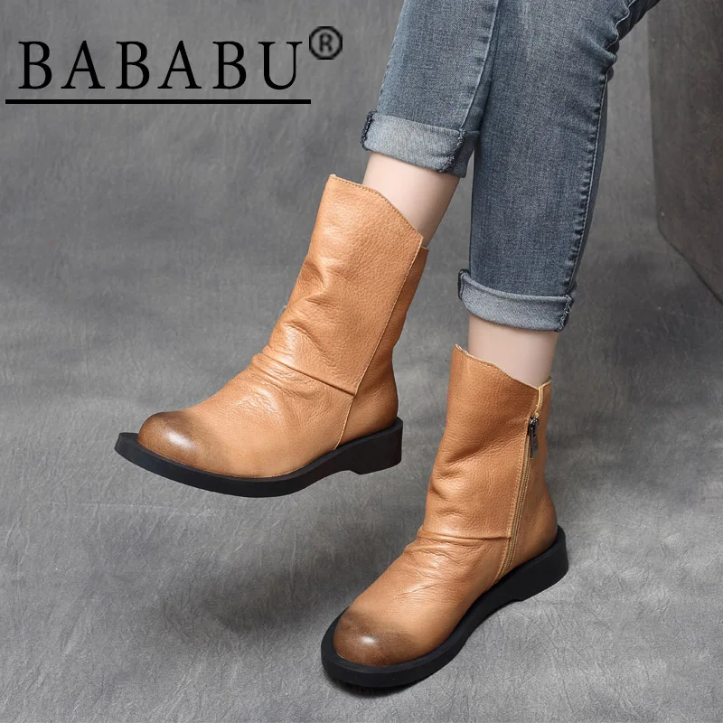 

2019 autumn new Sen female handsome retro leather side zip British wind flat bottom knight boots short boots