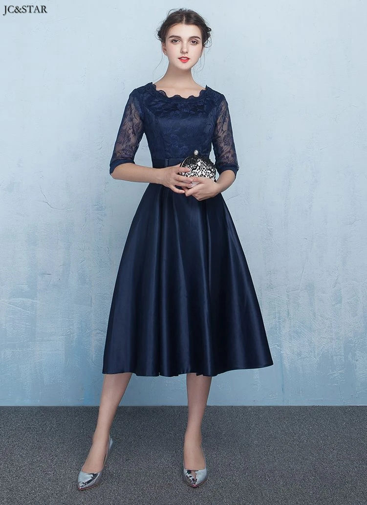 new lace satin half sleeve A Line navy blue bridesmaid dress Tea Length wedding guest dress godmother boda amarillo