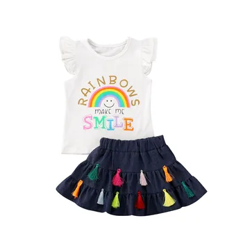 

AA 2pcs Girls Clothes Set Rainbow Print Ruffles Sleeveless T Shirts Tops+Denim Skirts Two Piece Set Girls Costume