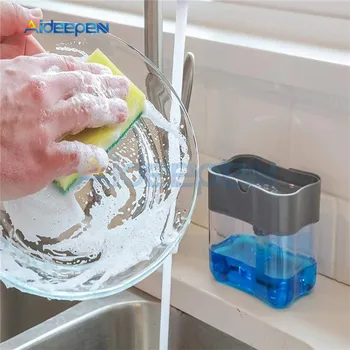 

Soap Pump Dispenser with Sponge Holder Cleaning Liquid Dispenser Container Manual Press Soap Organizer Kitchen Cleaner Tool