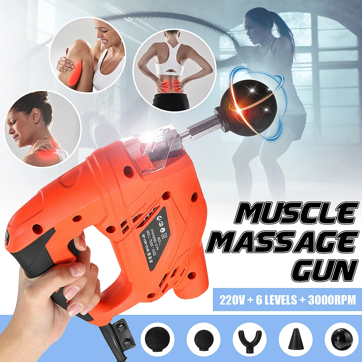 

220v 3000/min Fitness Deep Muscle Massage Handheld Percussive Vibration Tissue Electric Massager Pain Relief