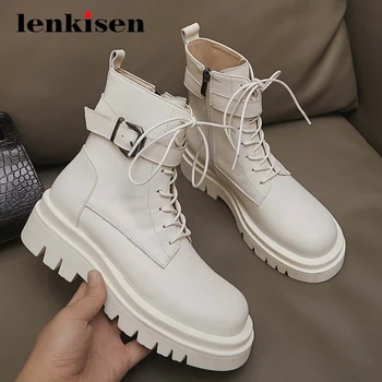 

Lenkisen large size new arrival genuine leather buckle decorations round toe high heels zipper beauty lady punk ankle boots L31