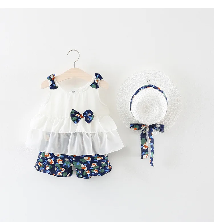 Комплект одежды для маленьких девочек, Летний шифоновый комплект, цветочное на лямках, штаны, шапка, комплект из 3 предметов для маленьких девочек 0-4 лет - Цвет: blue