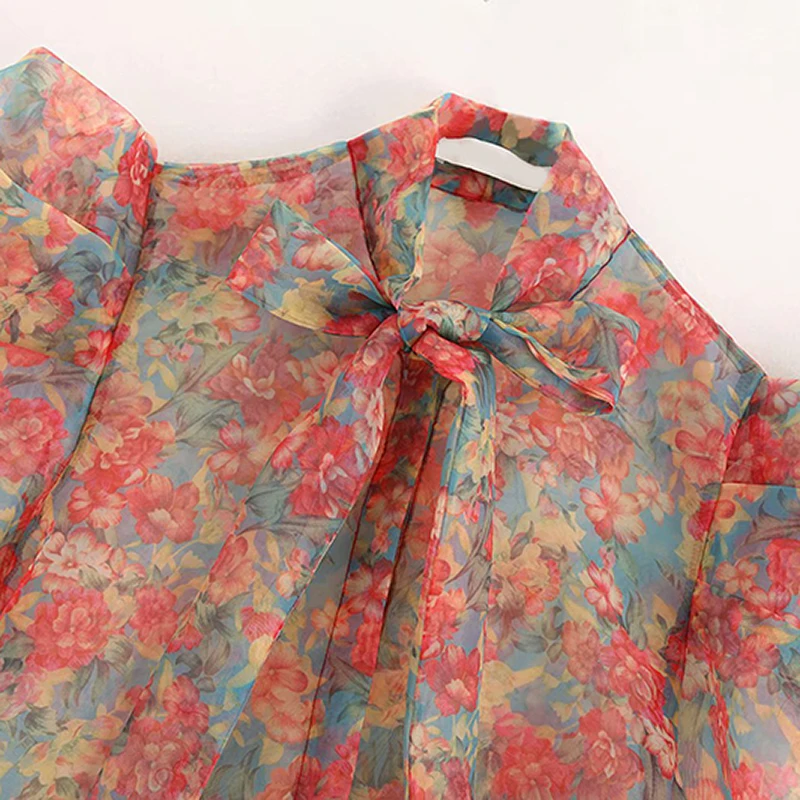 Шикарная прозрачная блузка с цветочным принтом для женщин, галстук-бабочка, пышная Модная рубашка с длинным рукавом, прозрачный топ, Женская Сексуальная рубашка на осень и лето