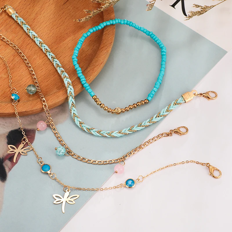 Docona Boho разноцветные бусы в виде стрекозы Кулон ножной браслет набор для Для женщин синий ткачество очаровательные Многослойные браслеты Tobillera 4 шт./компл. 8500