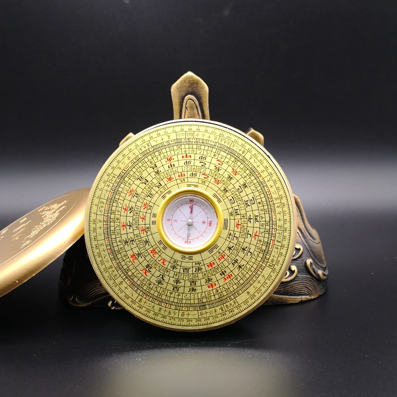 

Feng shui Chinese Ancient Wood Square Luopan Compass Metal Surface "Luo Jing yi" Elaborate Luo Pan