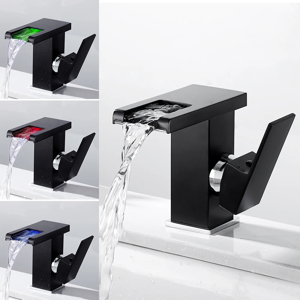 

Modern 3 Colors Temperature Sensor Led Faucet Bathroom Sink Faucet Cold and Hot Water Mixer Tap Waterfall Single Handle Sink Tap