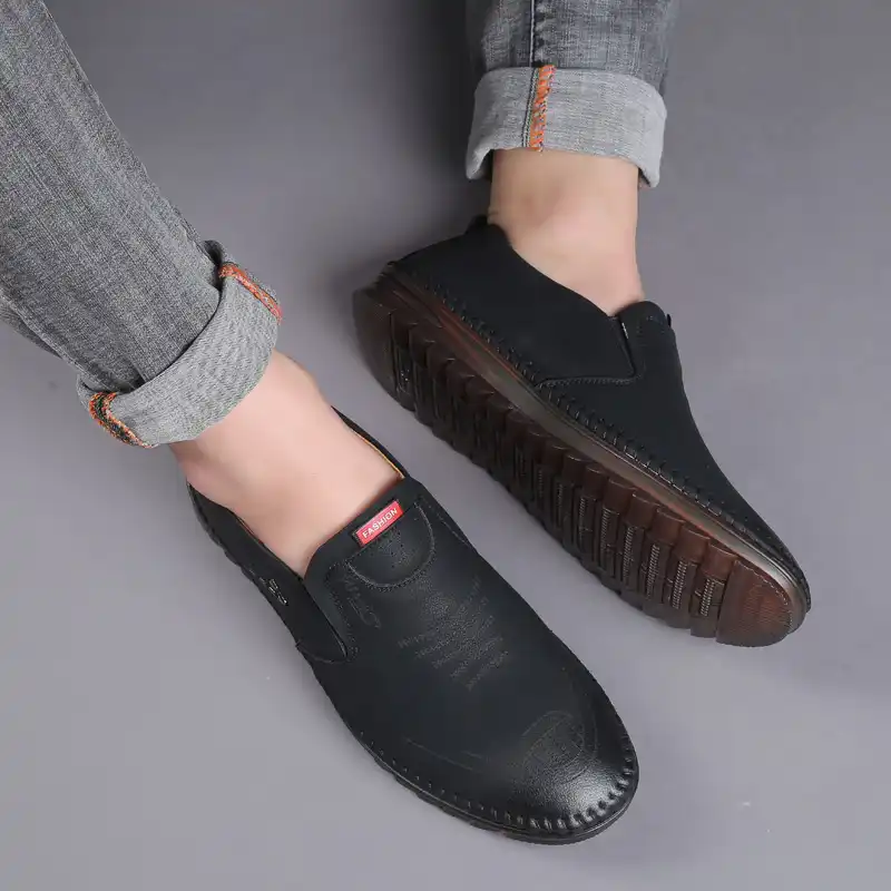 men's hand stitching stylish soft sole slip on loafers casual leather shoes