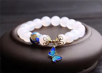 

High Quantity 10mm beads White Agates natural stone bracelet women accessories metal butterfly pendant tasbih jewelry wholesale